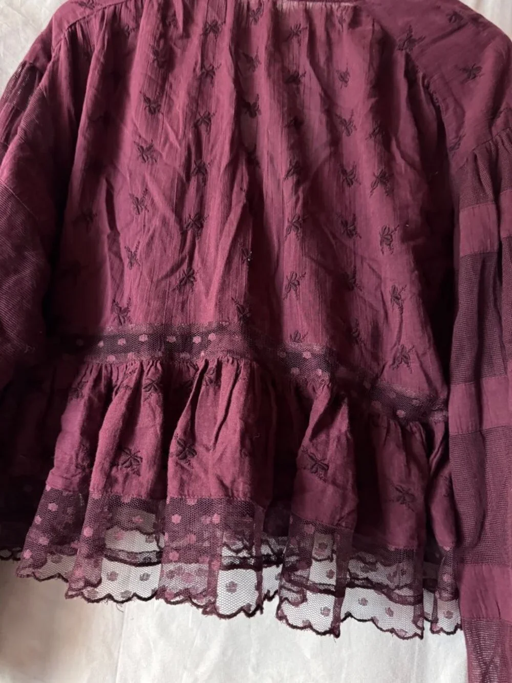 Free People Sheer Embroidered Boho Peplum Blouse With Lace Hem & V-Neck